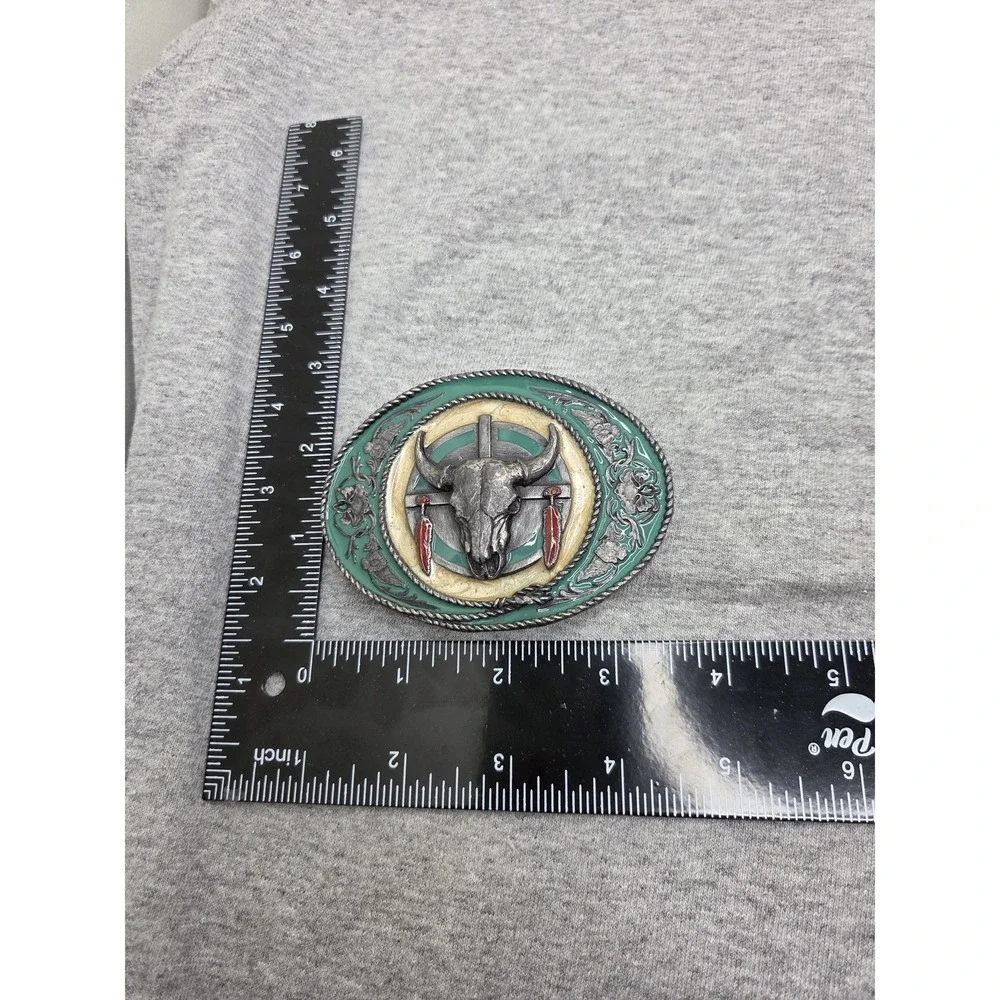 Rare 1981 Siskiyou Buffalo Skull Feathers Green Enamel Native Belt Buckle USA